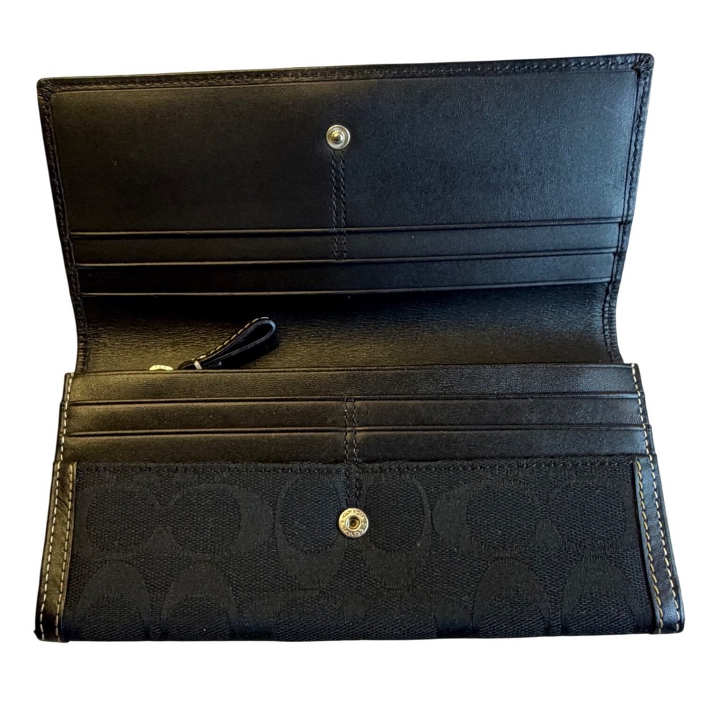 Coach Signature Jacquard Slim Envelope Long Wallet Black Leather Trim Snap Close - Picture 2 of 8